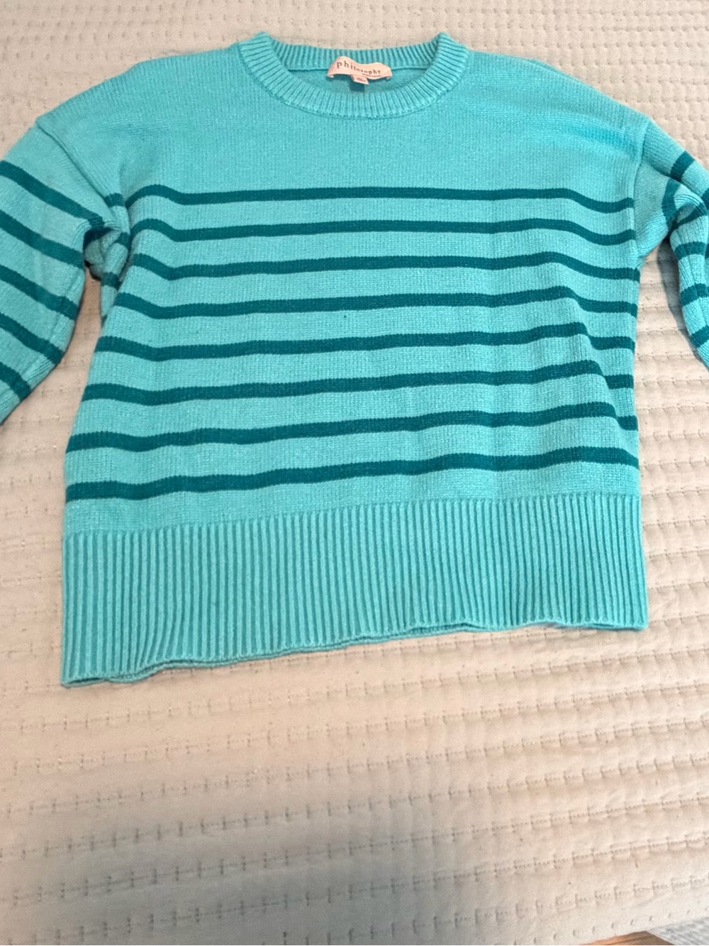 Philosophy Bright Aqua and Teal Striped Crewneck Sweater